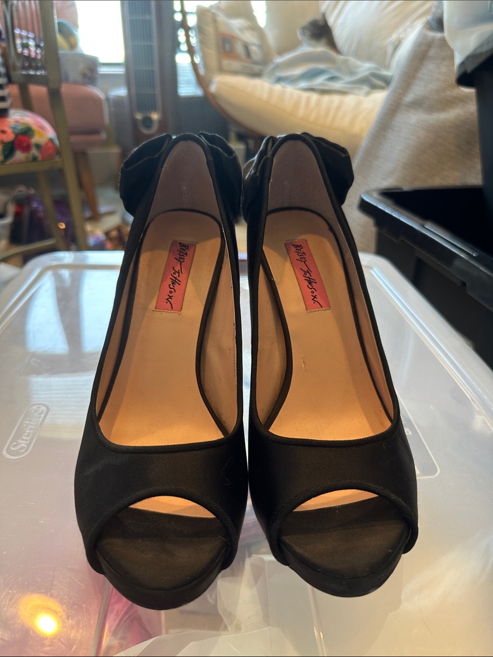 Betsey Johnson Black Peep Toe Bow Platform Heels